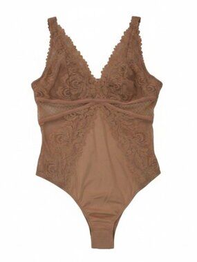 Sophie B Lace Mesh Bodysuit Teddy Lingerie Brown Nude Women’s Size S NWT